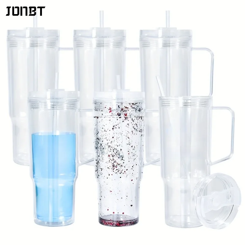 

40oz Reusable Double Layer Plastic Straw Water Bottles With Lid And Handle DIY Snowball Cup with Pre Drilled Hole Drinkware Cups