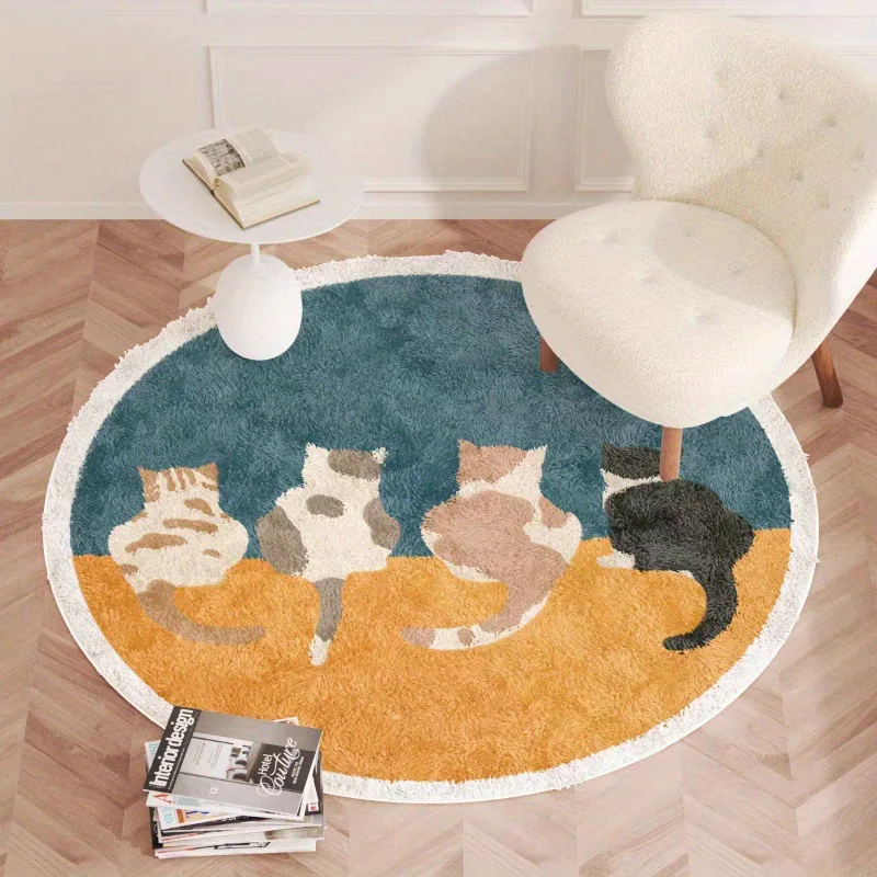 VIKAMA Round Area Rug Cute Lucky Cartoon Kittens Luck Cat Letter Non Slip Circular Floor Mat Kids Room Decor
