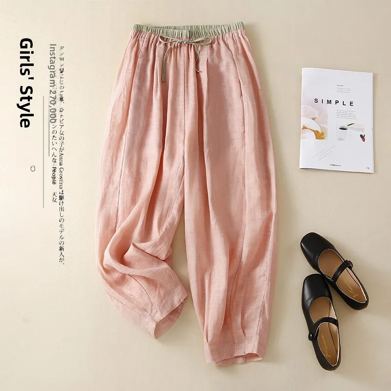 Women's Loose Casual Hemp Lantern Pants High Waist Nine Points Commute Sle Korean Version Cotton Linen Drapey Harem Trousers