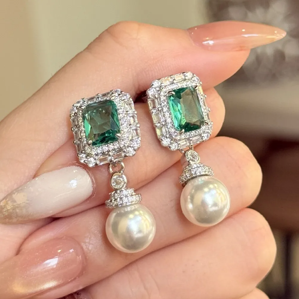 

Ladies' Exquisite Green Emerald Diamonds Pearl Drop Earrings for Women Vintage Luxury Evening Party Jewelry Sterling Silver 925