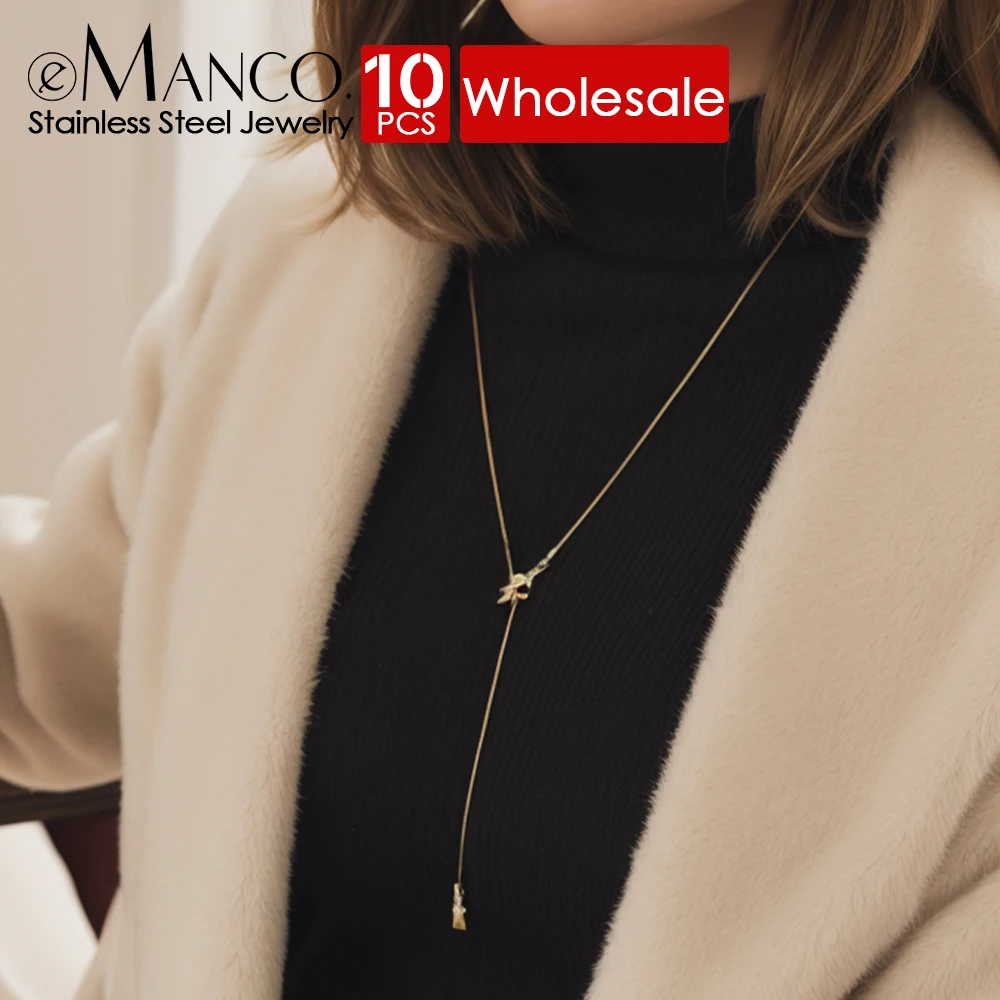 

eManco 10PCS Stainless Steel Y-shaped Collarbone Pendant Long Necklace Irregular Cross Knotted Snake Chain Holiday Jewelry