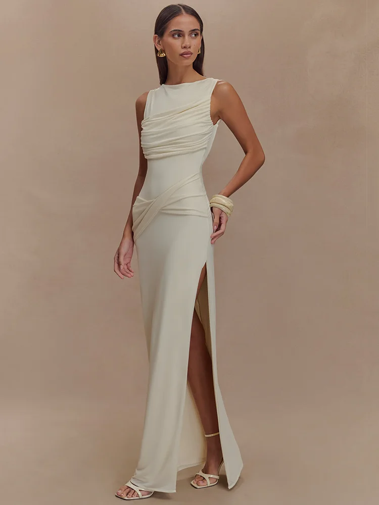 Mozision Backless Ruched Sexy Maxi Tank Dress Women Gown Summer New O Neck Thigh High Split Bodycon Elegant Long Dress Fashion image 2