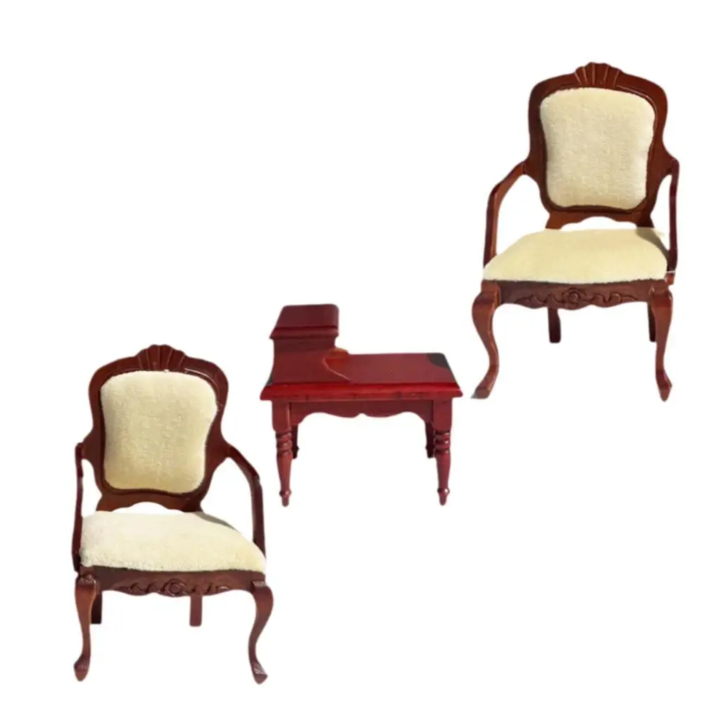 3 Pieces 1:12 Scale Wooden Doll House End Table and Armchairs Miniature Living Room Set Simulation Life Scene Mini Furniture