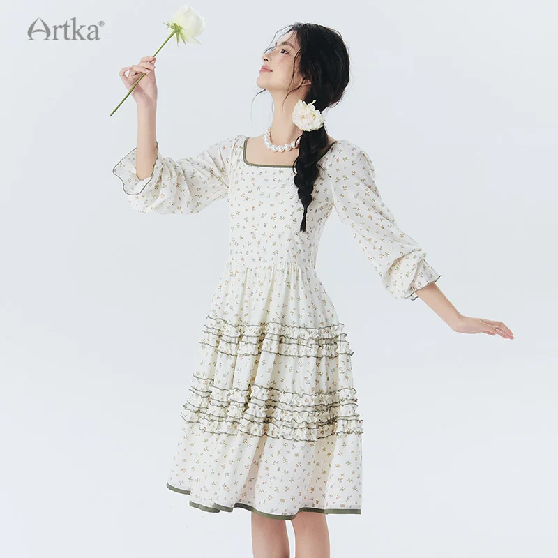 ARTKA 2025 Spring New Women Dress Elegant French Floral High Waist Dress Retro Square Collar Long Dresses LA02051C