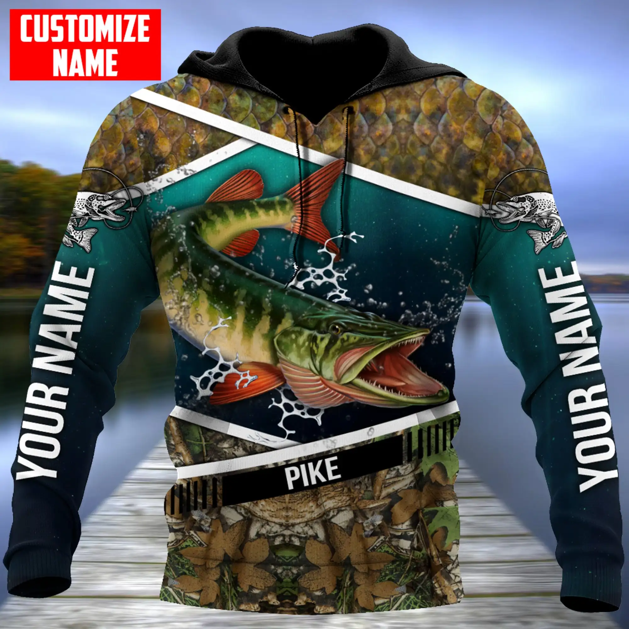 Northern Pike Fishing Customize Name 3D Printed Men's Hoodie & Sweatshirt Autumn Unisex Zip Hoodies Casual sportswear KJ868