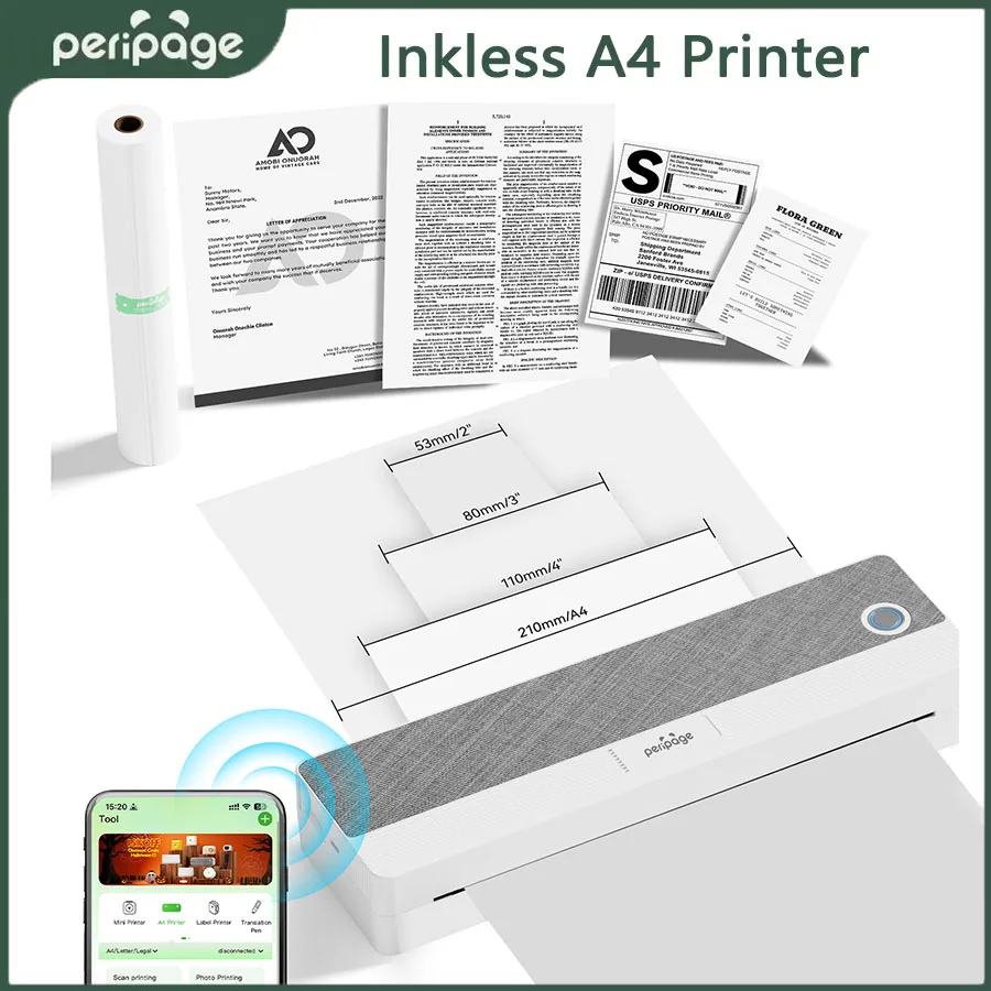 

PeriPage A4 Portable Printer Wireless Thermal Machine Thermal TattooTransfer PDF Document Photo Office Printer P81 Printer New