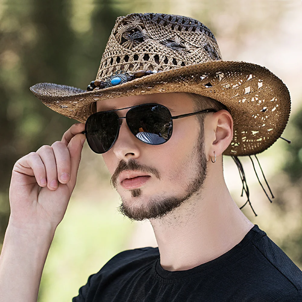 Straw Western Cowboy Hat Hand Made Beach Sunhats Party Cap For Man Woman Curling Brim Cap Sun Protection Unisex Retro Straw Hat