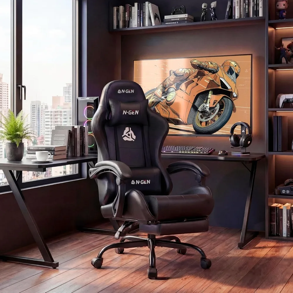 Ergonomic Gaming Chair with Footrest, Reclining Backrest, Adjustable Lumbar, PU Leather, Home Office Desk Chair