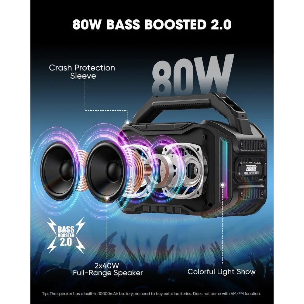 Speakers Bluetooth Wireless: 80W(Peak) Loud Speaker with Bass, 20H Playtime, IPX6 Waterproof, Large Jobsite Speakers