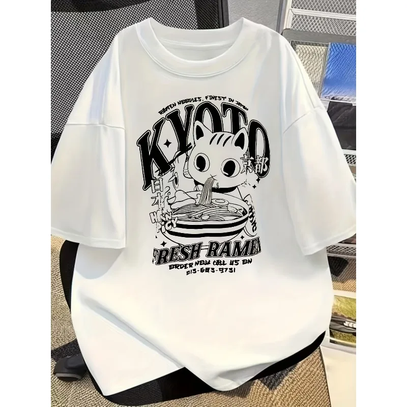 المرأة كيوتو رامين القط تي شيرت مطبوع عادية قصيرة الأكمام الأعلى اليابانية الكرتون تصميم كل موسم موضة طاقم الرقبة تي شيرت