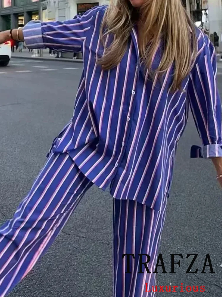 TRAFZA Vintage Casual Striped Women Suit Single Breasted Long Sleeve Shirt Loose Long Pants Chic Fashion 2024 Autumn Basics Sets