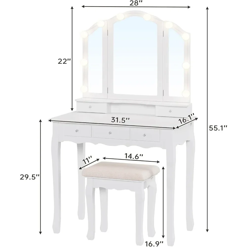 Vanity Table Set with Lighted Tri-Folding Mirror, 3 Color Lighting Modes, 5 Drawer Makeup Desk and Cushioned Stool, White view 6