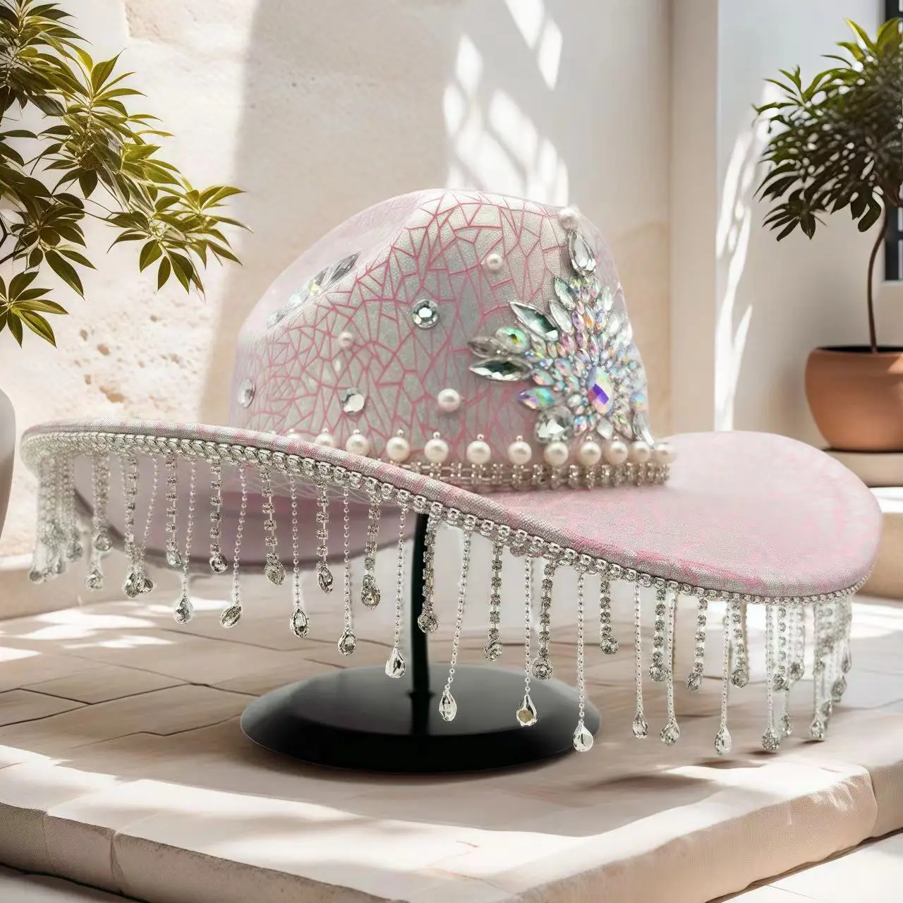 HongLuan Brokatowy Kapelusz Kostiumowy dla Dorosłych i Kapelusze Kowbojskie z Cyrkoniami dla Kobiet, Akcesoria do Cosplay Kowbojki i Kapelusz Kowbojski