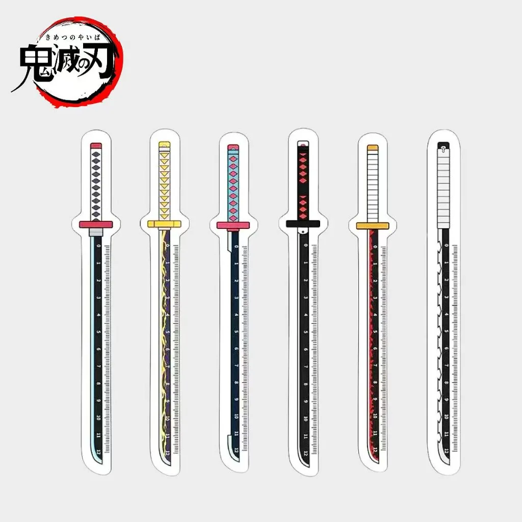 

6inch 15cm Demon Slayer Katana Shaped Ruler Set Multicolor Patterned Blades Wrapped Handles Colorful Guards Black Scale Gift