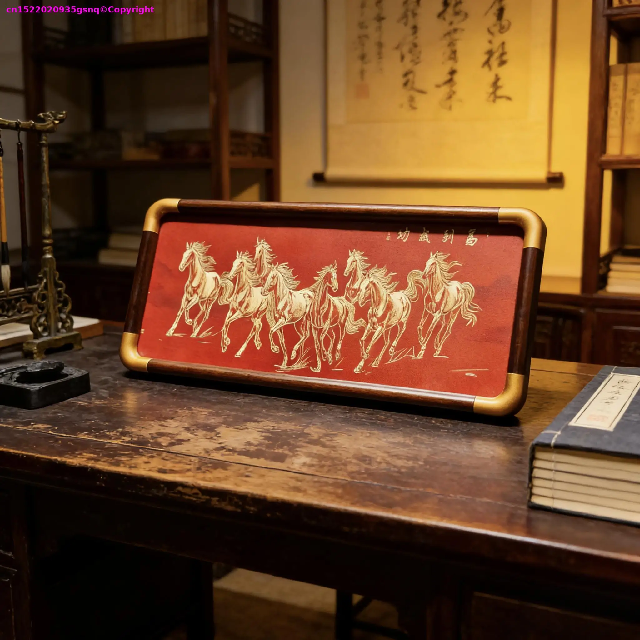 2026 home office Lucky 8 horse mascot High end ornament Copper horse painting with wooden frame Recruiting wealth good luck
