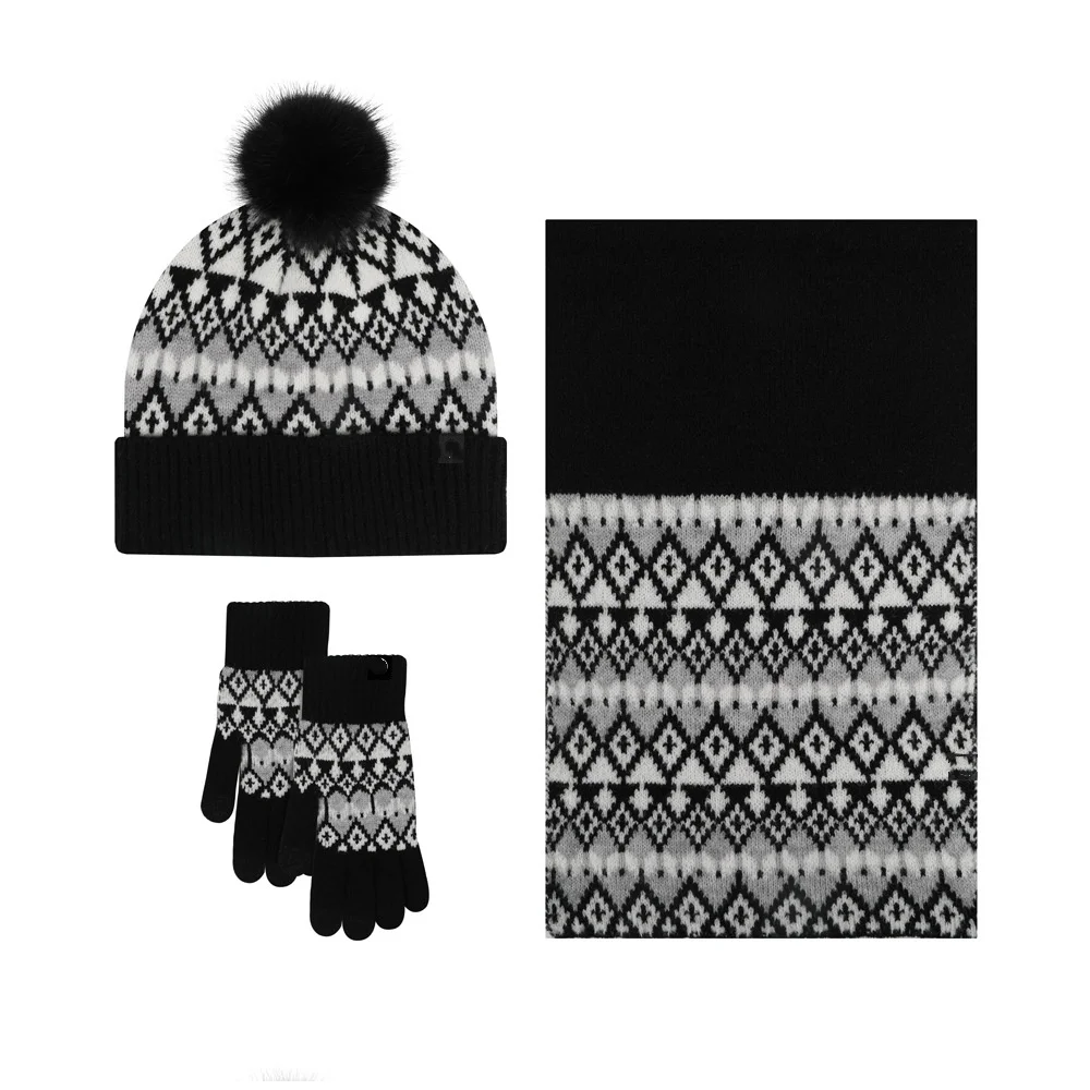 Winter hiking Warm Woolen Jacquard Three-piece Set Winter Knitted Beanie Hat diamond lattice Knitted Gloves Scarves Hat Set