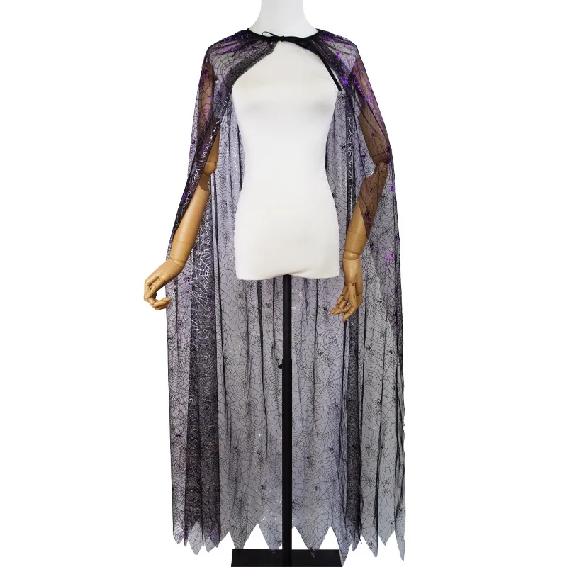 Imagen 3: Capa chal brillante para Halloween Unisex, ropa de fiesta para Cosplay, tela de araña con cordones, disfraz de Cosplay de mago y bruja para mujer