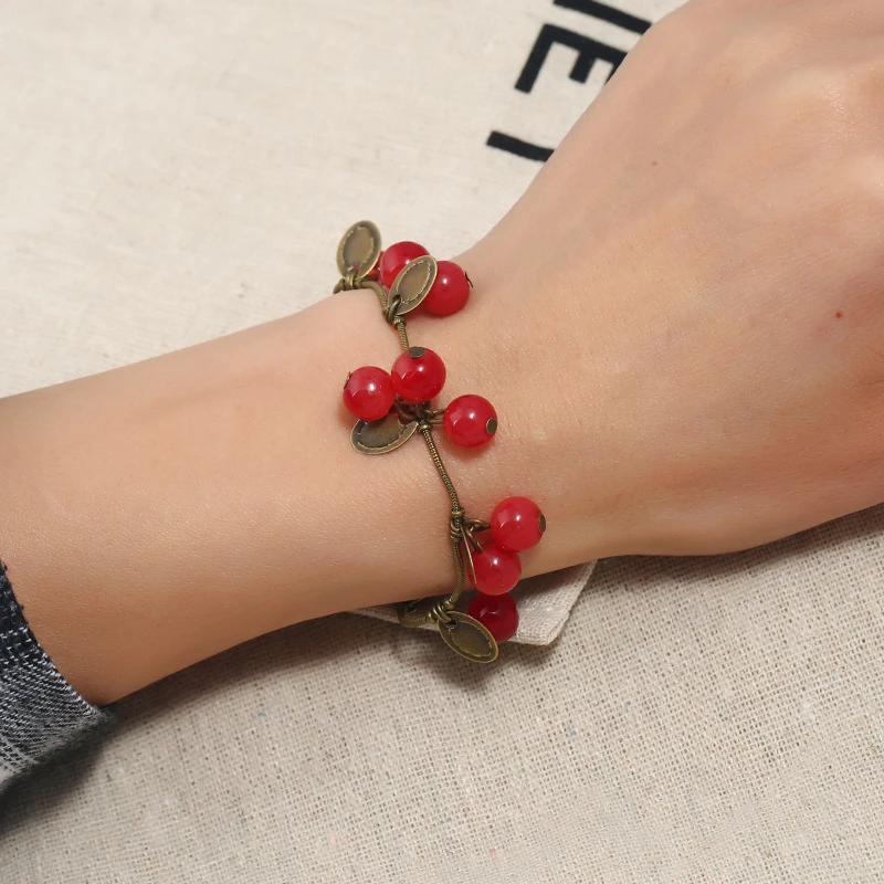 Sweet Cherry Girls Bracelets Antique Color Chain Coin Pendants Female Bangle Vintage Boho Bracelets Summer pulseras mujer