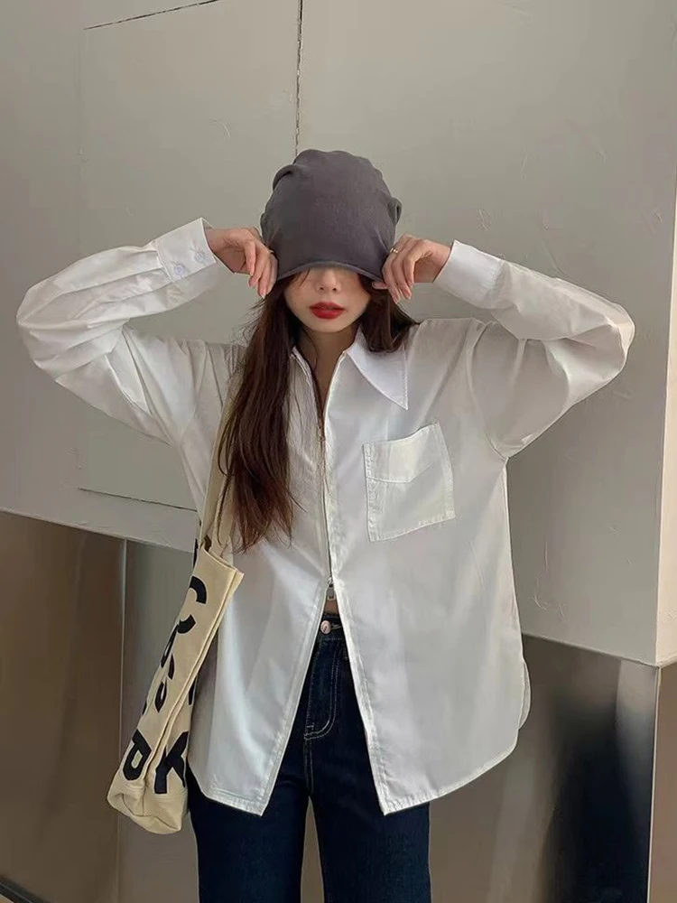 Jmprs décontracté fermeture éclair chemise blanche femmes à manches longues Vintage français Blouse printemps nouvelle femme tout Match conception Simple poche hauts