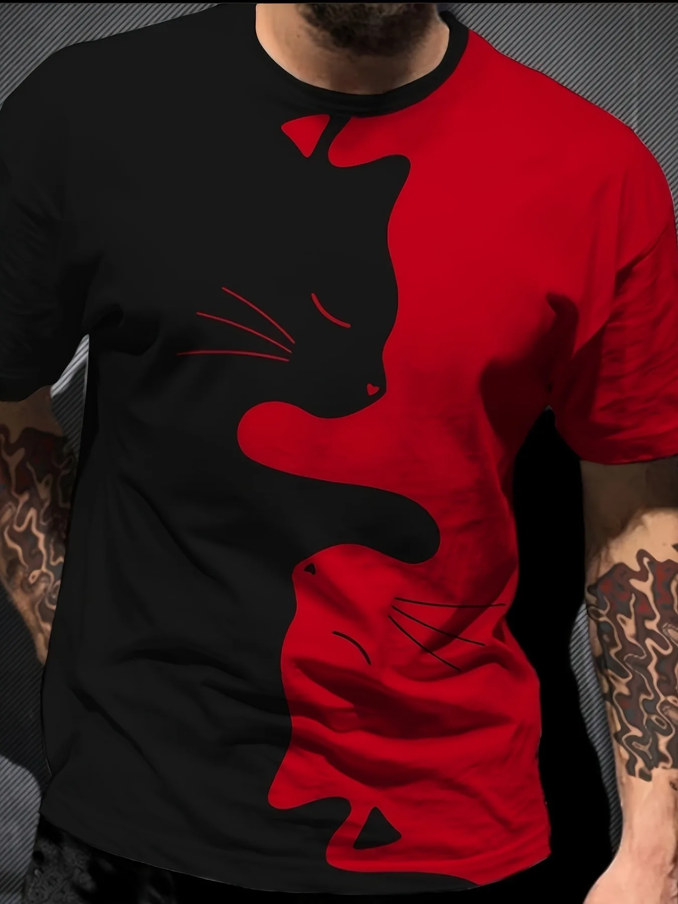 تي شيرت رجالي أنيق على شكل قطة باللون الأسود والأبيض بتصميم كاجوال من البوليستر الناعم مثالي لملابس عطلة نهاية الأسبوع #2