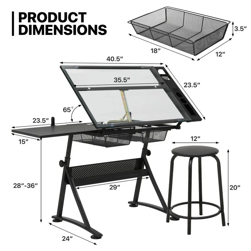 Drawing Table Tempered Glass Drawing Table with Side Panel, Height-Adjustable—Artist and Designer Workstation, and Easel