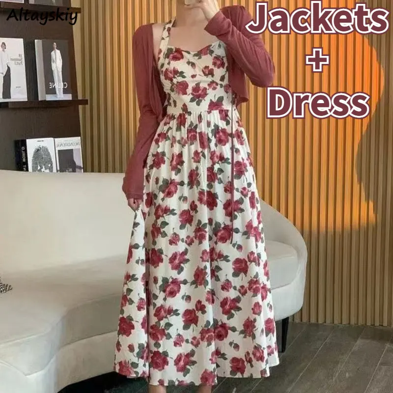 

2 Pcs Sets Women Halter Midi Vintage Floral Dress Sunscreen Open-stitch Jackets Sexy French Style Summer Dating Vacation Elegant