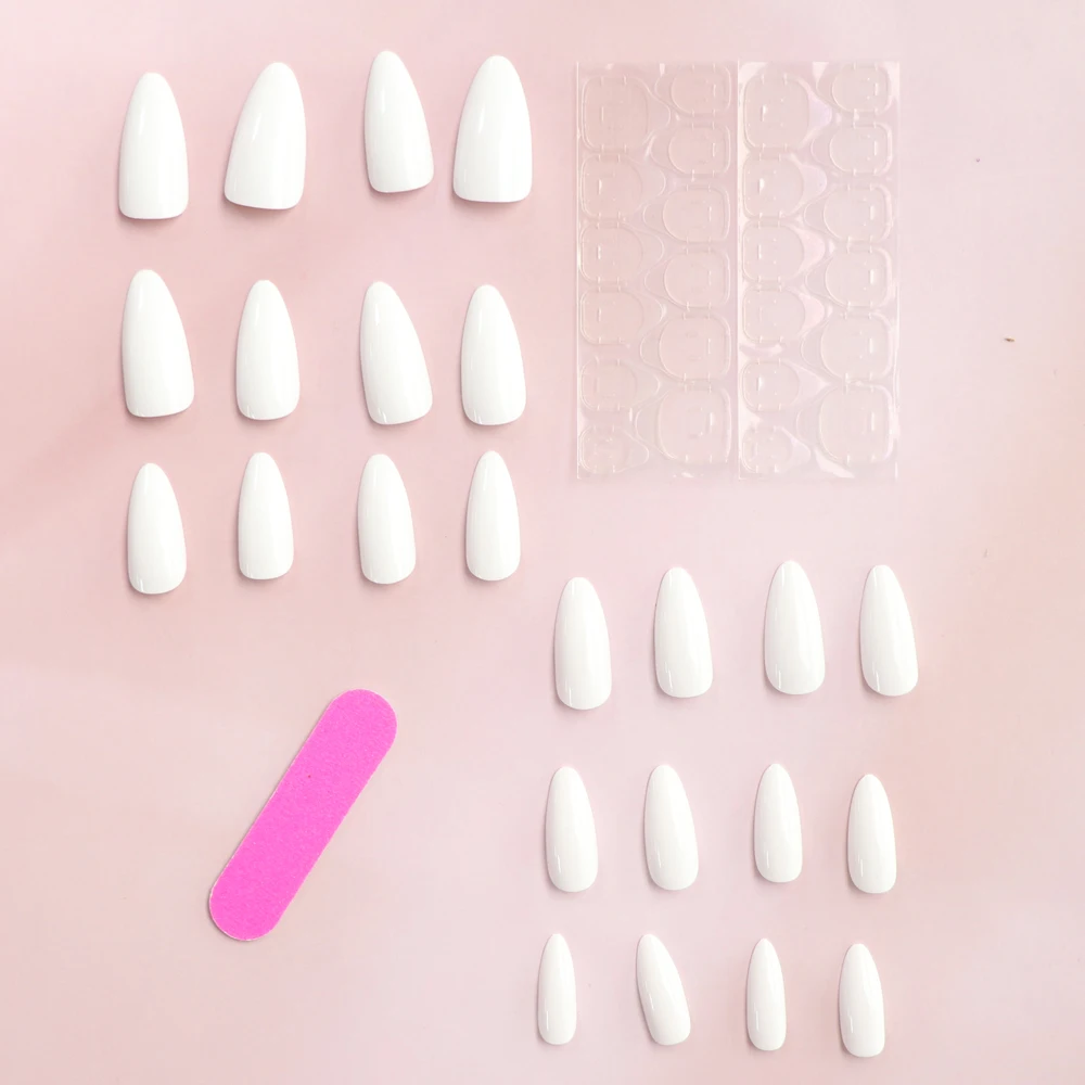 24PCS Pure White Press Nail, Medium Almond, Neutral Pure White Natural Short And Fine High-Heeled Reusable Acrylic Fake Nail image 2