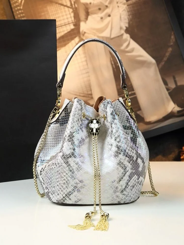 High-End Leather Snake Skin Pattern Bucket Bag Women's Fashion Spring Summer New Trend Handbag Shoulder Bag Handbag