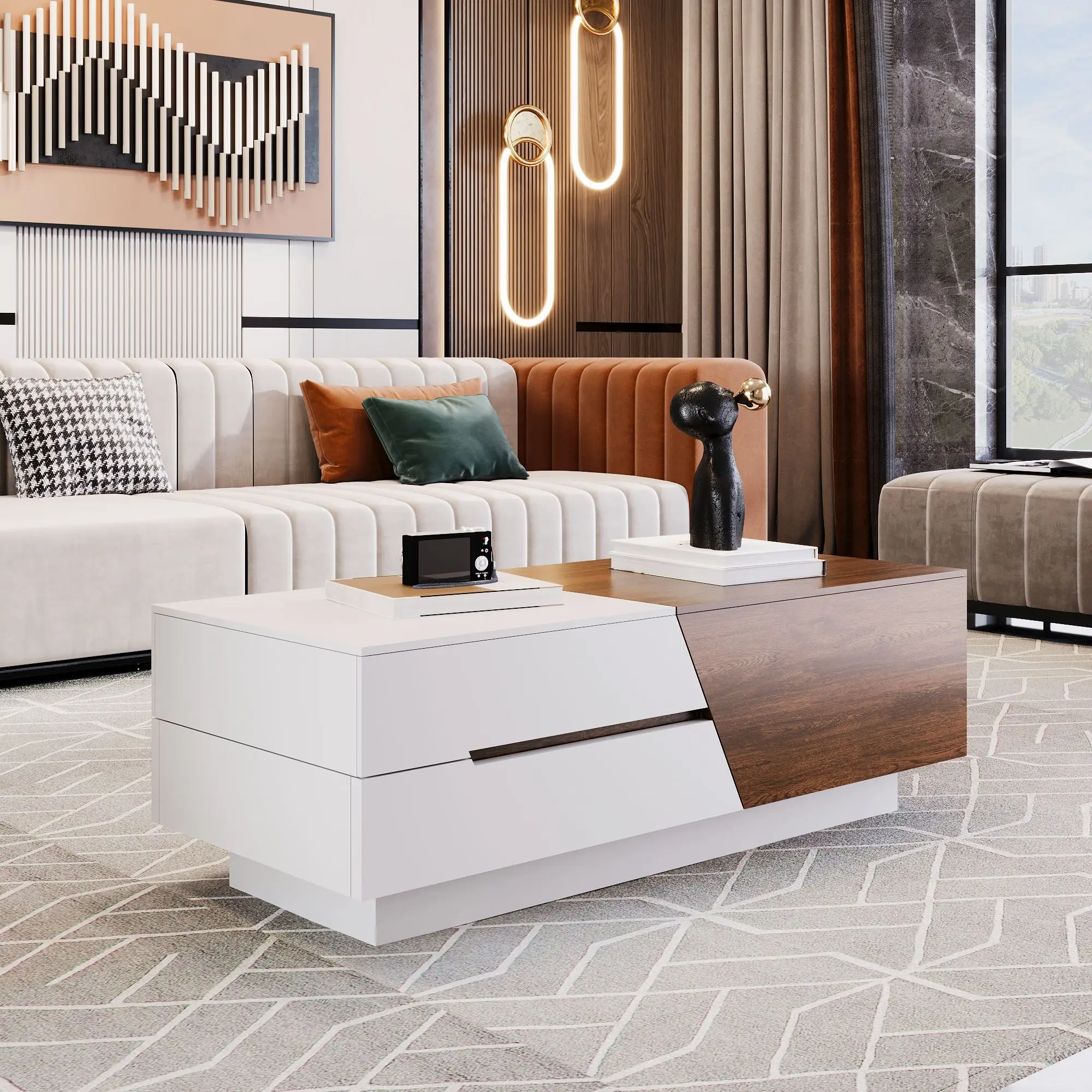 Modern Extendable Sliding Top Coffee Table with Storage in White&Walnut ,Versatile Functionality,Café Tables