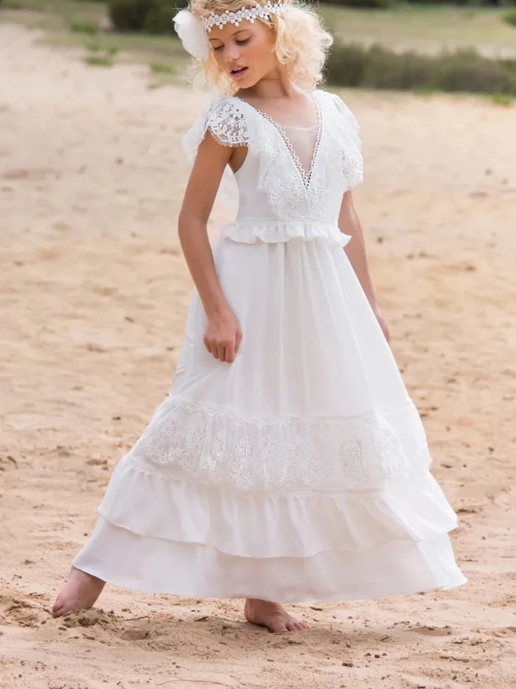 Vestido boêmio de renda para meninas, florinha chique, vestido de noiva para crianças, festa de primeira comunhão, baile