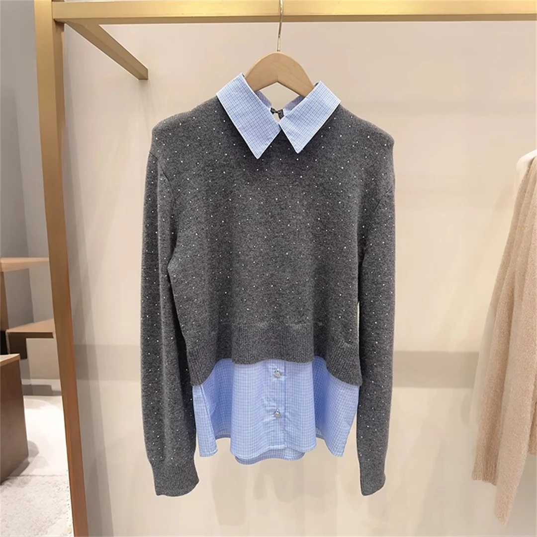 

Classic Water Diamond Knitted Shirt Grey Versatile Top Spring 2026 French Style Loose Fit Collar Long Sleeve Nylon Blend