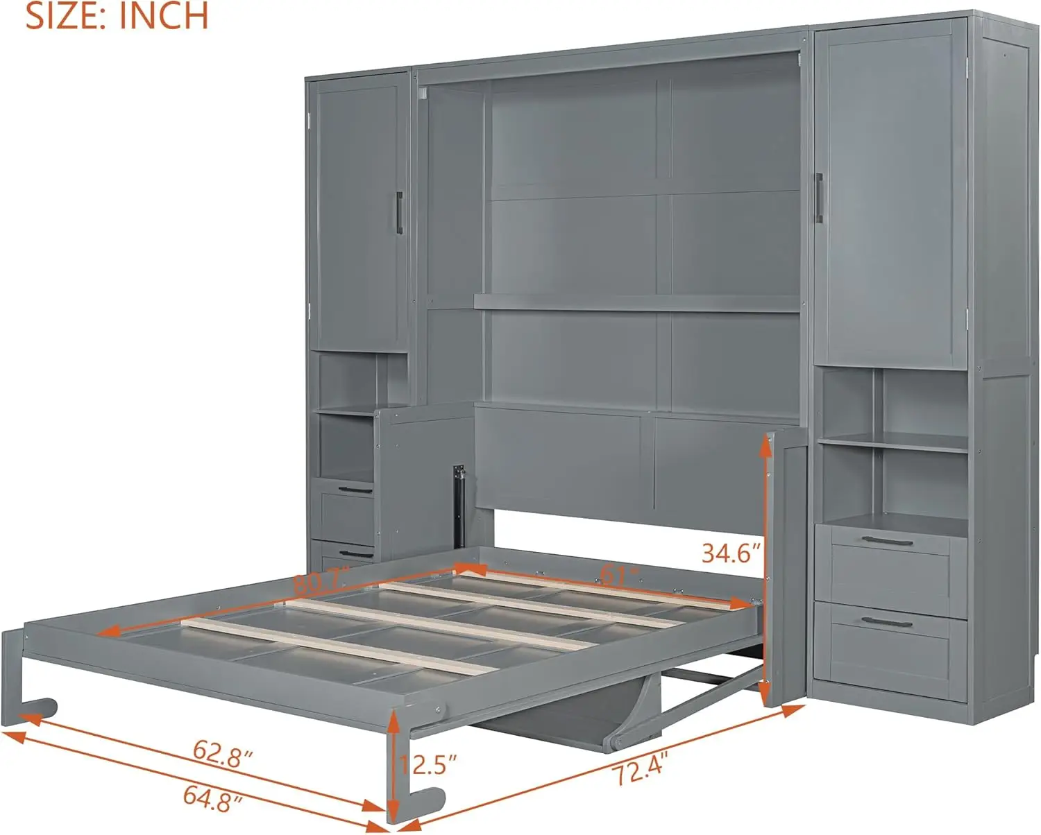 Murphy Bed Wall Bed With Closet, Drawers And Shelves, Versatile Wall Bed, Foldable Murphy Bed, Queen Size, Gray