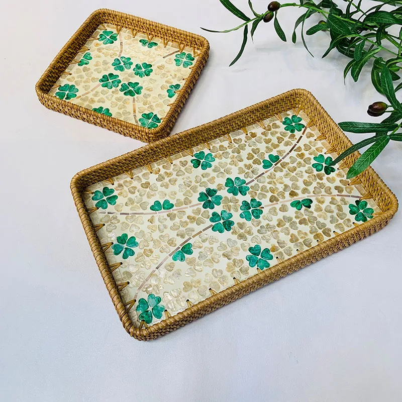 اليدوية الروطان مستطيلة أربع أوراق البرسيم شل صينية ثلاث قطع مجموعة 36*22 /20*20*10 سنتيمتر