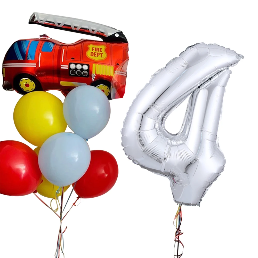 9pcs Large Fire Truck Engineering Car Foil Balloon 1-9 Silver Number Ball Baby Shower Children Firefighter Theme Birthday Party