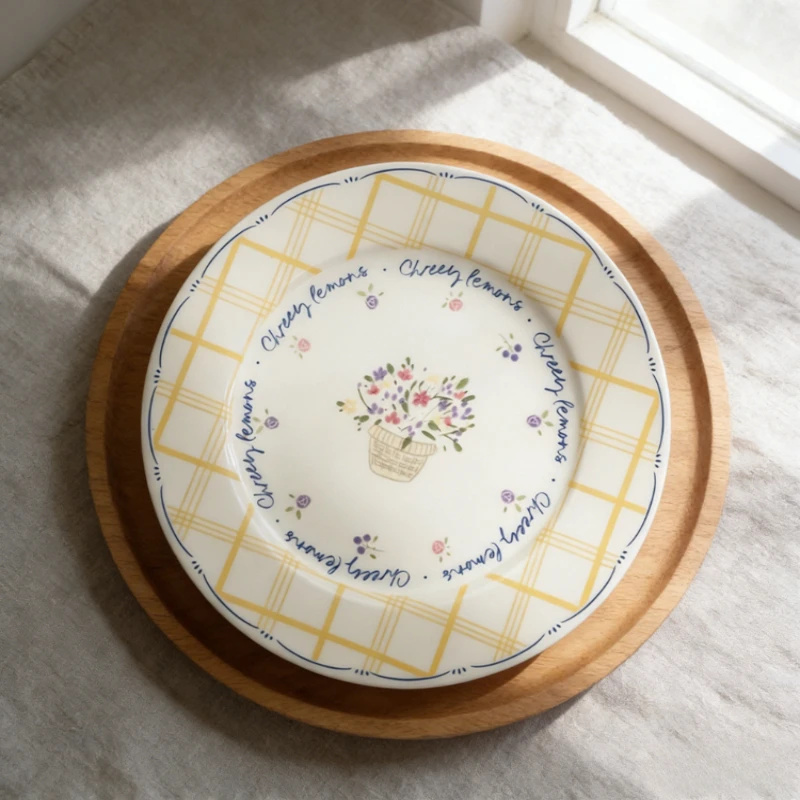 

Korean Style Simple Grid Pattern Ceramic Flower Breakfast Plate Creative Pastoral Style Cute Girl Heart French Household Plates