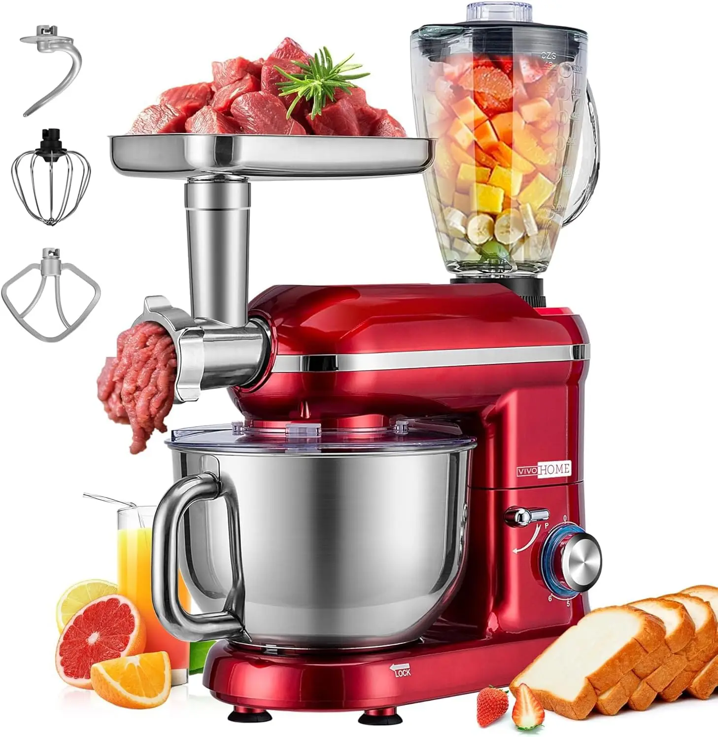 3 in 1 Multifunctional Stand Mixer with 6 Quart Stainless Steel Bowl, 650W 6 Speed Tilt-Head Meat Grinder, Juice Blender, Red