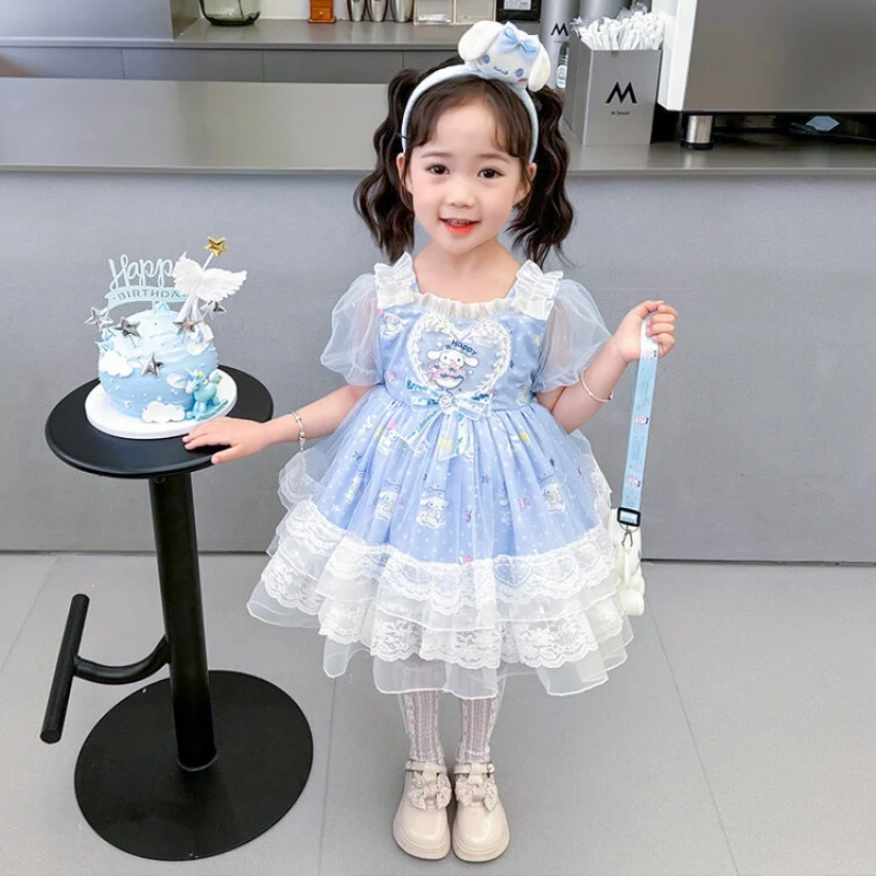 Kawaii Girls Lolita Dress Sanrios Anime Cinnamoroll Summer Kids Role Playing Princess Tutu Skirts Short Sleeve Party Dress Gift