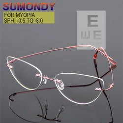 Blue Light Blocking Or Photochromic Lens Myopia Glasses -0.5 to -8.0 Men Women Titanium Alloy Cat Eyes Rimless Spectacles UF178