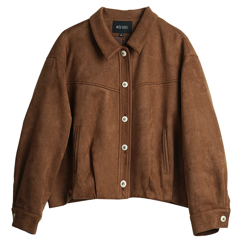 Kurtka damska OLrain, vintage, luźna, brązowa, zamszowa, krótka, wiosna 2026, codzienna, jednolita, z długim rękawem, odzież wierzchnia damska GO57QW000921
