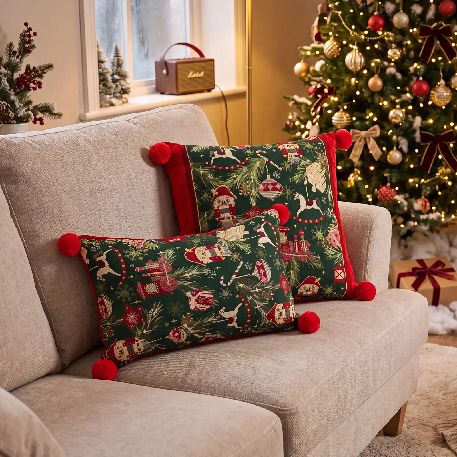Weihnachtsroter Jacquard-Kissenbezug mit Cartoon-Elch- und Schneeflocken-Motiv, Plüsch-Sofadekoration, Kissenbezüge 45x45cm – Detail 15