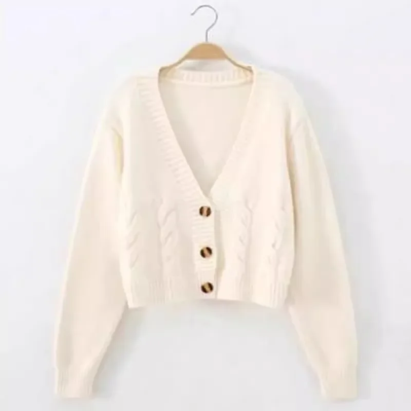 Elegant Solid Color Knitted Cardigan for Women 2024 New Autumn Single Breasted Short Cardigan Sweater V-neck Cute Knitwear 30985