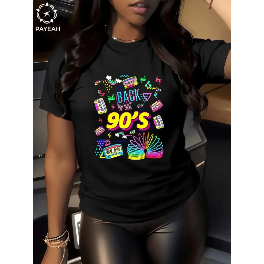

Payeah 1Pcs 90s Raucous Revival Retro Party Vintage Cool Digital Print Women's 100% Cotton Short-Sleeved T-Shirt 220g