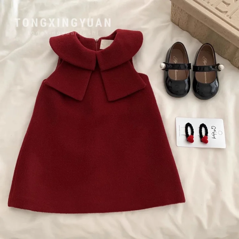 

Christmas New Year Dress for Girls Winter Baby Girl Red Bow Woolen Birthday Vest Dress
