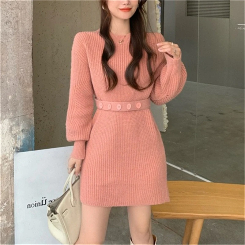 

Womens Puff Long Sleeve Belted Sweater Dresses Knitted Bodycon Mini Jumper Dress 066C