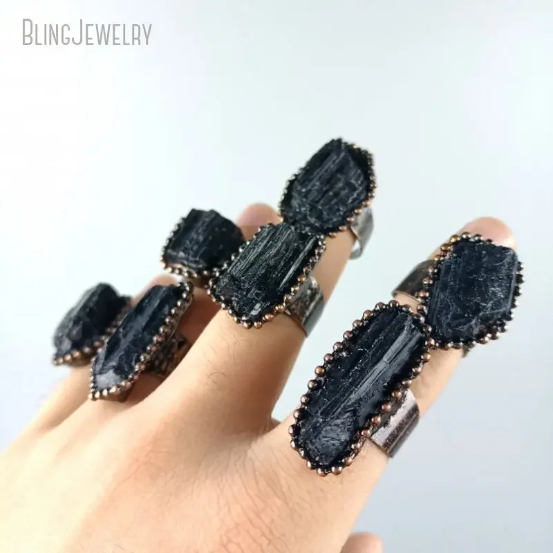 10pcs Raw Black Tourmaline Crystal Gemstone Jewelry Copper Electroformed Rough Schorl Adjustable Size 7 8 9 Halloween Men Ring