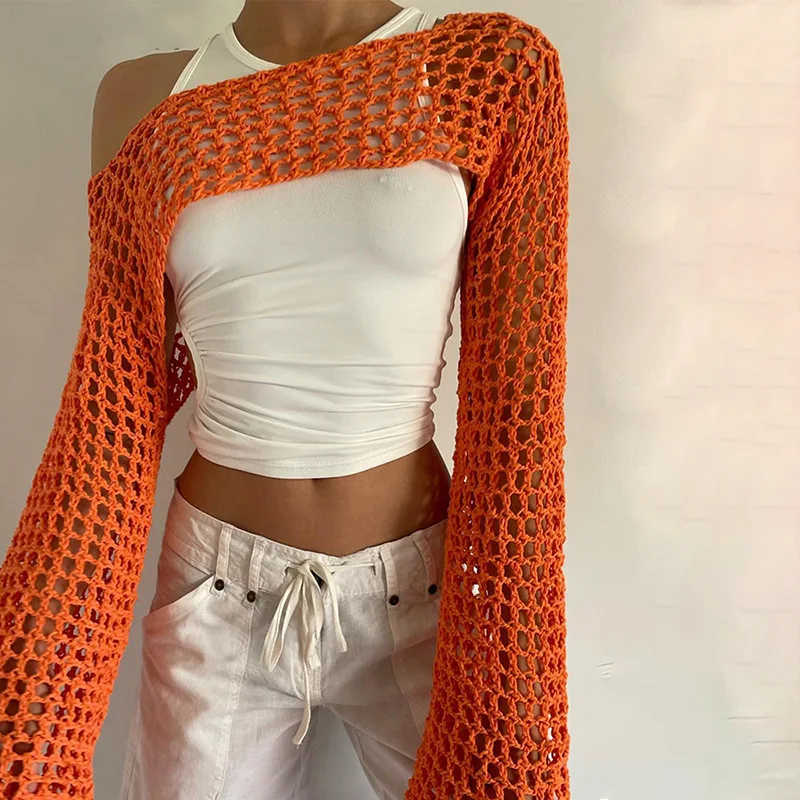 Long Sleeve Crochet Crop Top 2024 Summer Women’s Knitted Crop Top Openwork Knitted Mesh Top Beach Bikini Cover Up y2k Tops