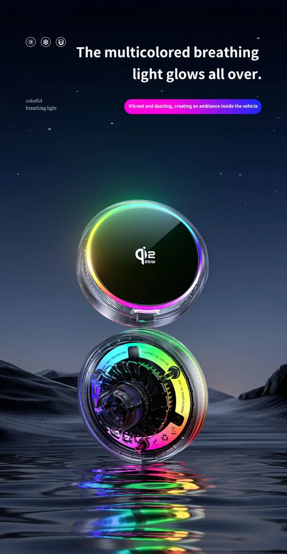 Luftgekühltes Auto-Qi2.2 25W Magnetisches Kabelloses Ladegerät mit RGB-Licht und Telefonhalterung für Magsafe iPhone 17 16 Pro Max Schnellladehalterung – Detail 12