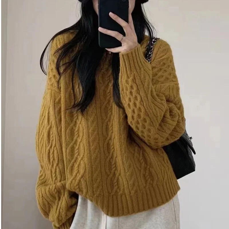 Korean Fashion O-Neck Sweater Women's 2024Autumn/Winter New Round Neck Pullover 100% Wool Cashmere Knit Sweater Loose Warm Tops