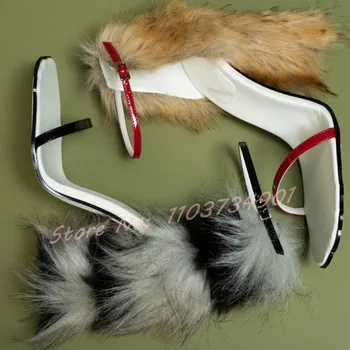 毛絨粗跟趾帶涼鞋 女士優雅派對踝帶圓頭高跟鞋 女士性感休閒簡約涼鞋 8 最佳銷售 毛茸茸的高跟鞋 - №8