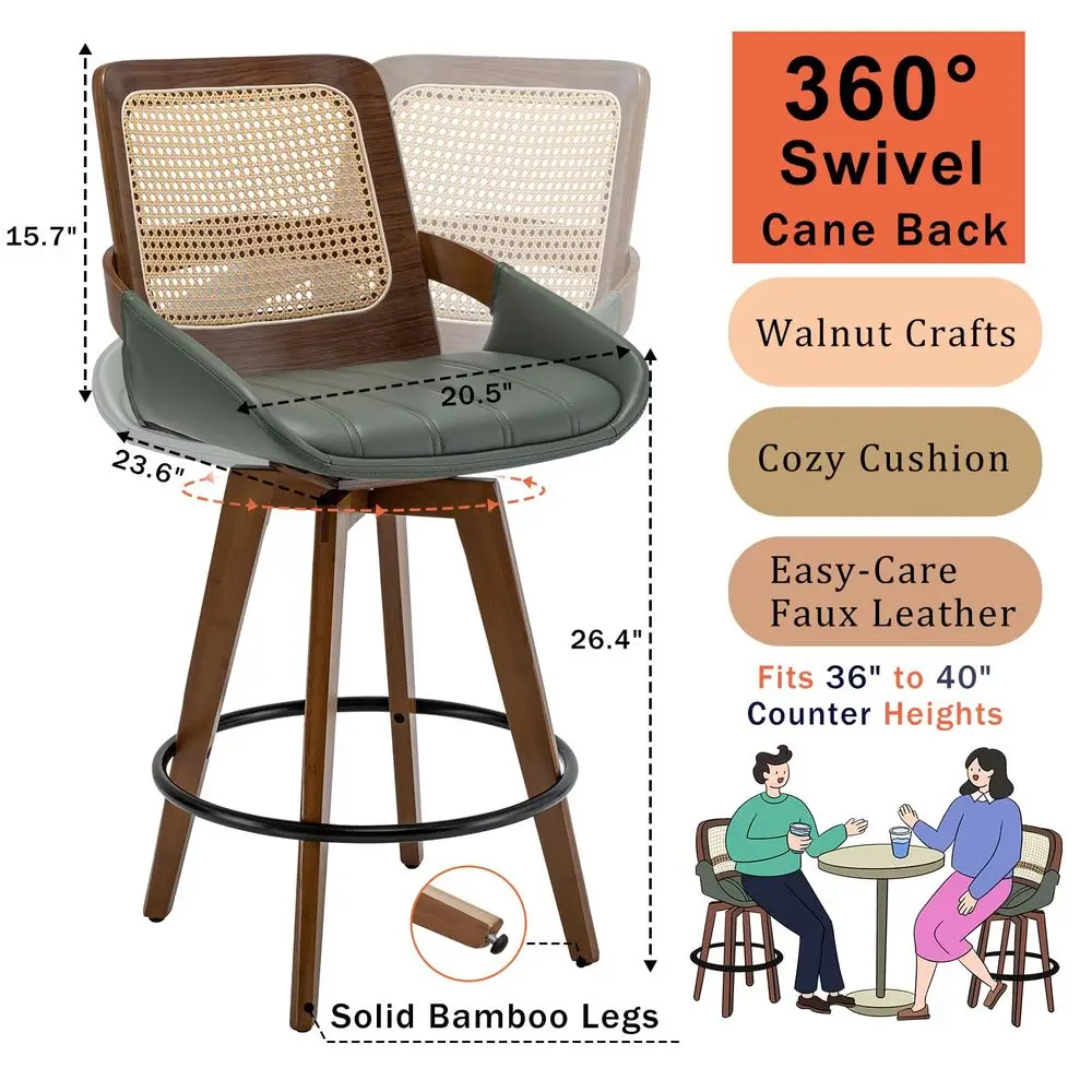

Stools Set of 3 26.4 inch Counter Height Swivel Bar Stools with Cane Back, Curved Arms, Faux Leather Upholstered Seat, Counter